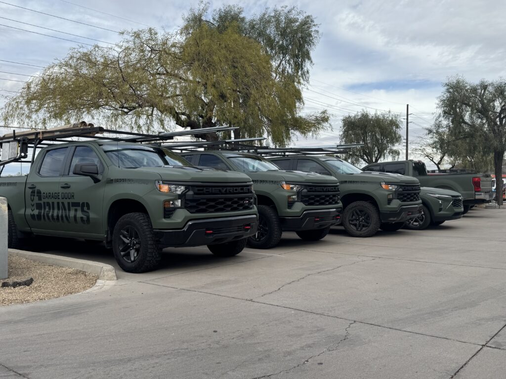 100% Veteran Owned - Phoenix Arizona Native Owned - Non Private Equity - Garage Door Company Fleet of Trucks Ready to serve our clients - Photo Location is 2663 W. Lone Cactus Dr. Phoenix AZ 85027