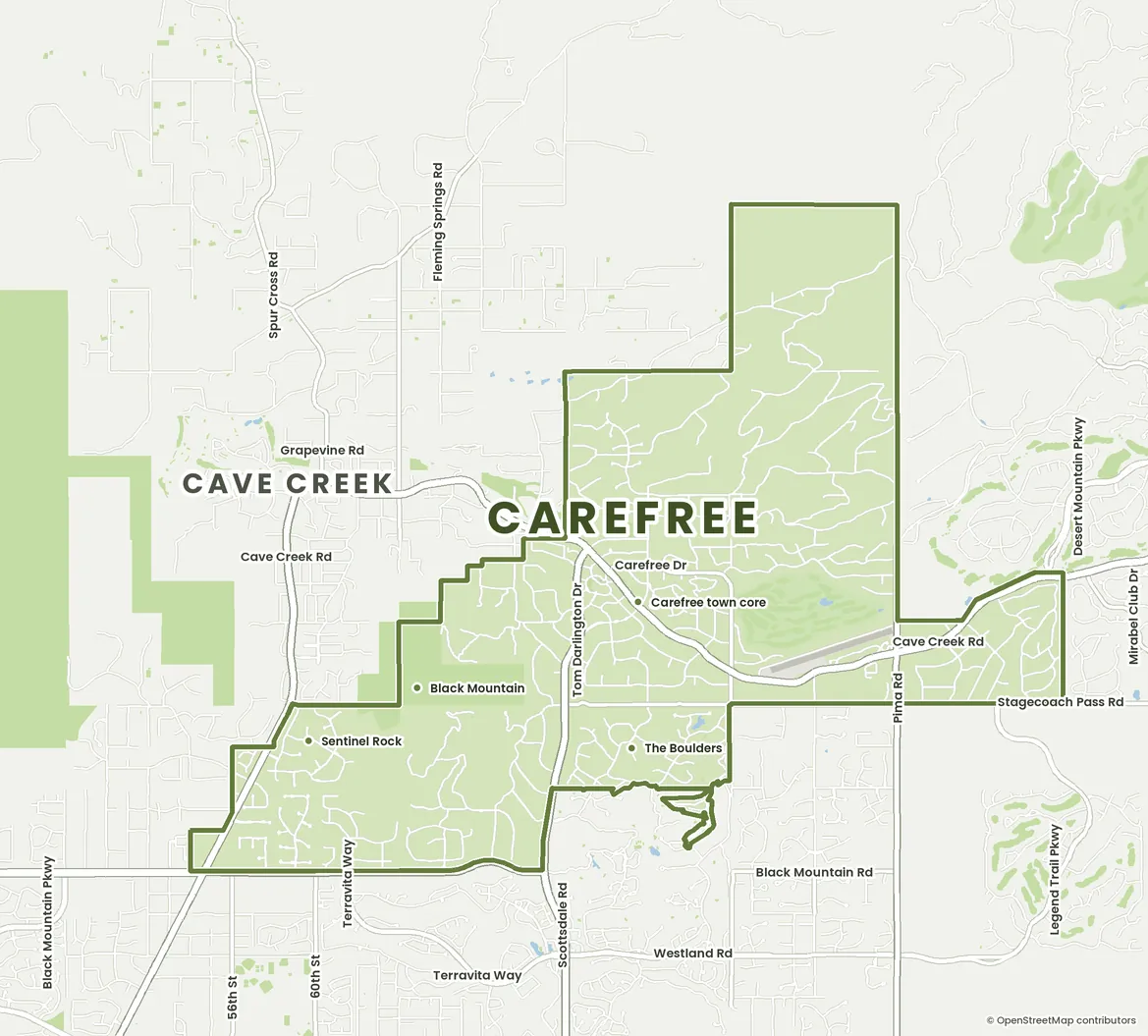 Street map of Carefree, Arizona with Garage Door Grunts service neighborhoods, major roads and freeways