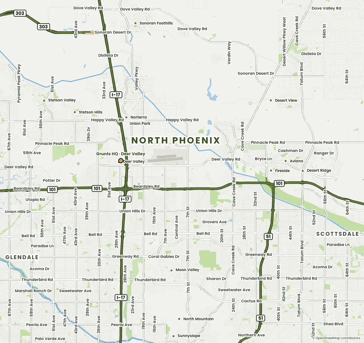 Street map of North Phoenix, Arizona with Garage Door Grunts service neighborhoods, major roads and freeways