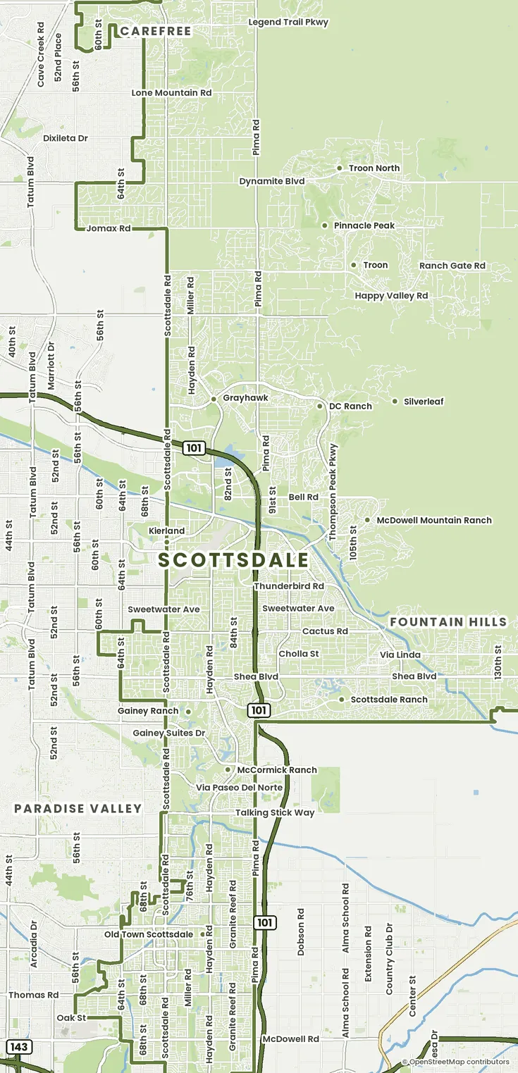 Street map of Scottsdale, Arizona with Garage Door Grunts service neighborhoods, major roads and freeways